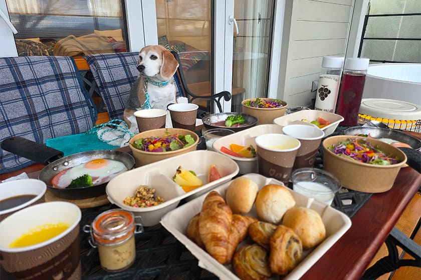 朝食もお部屋のウッドデッキで。